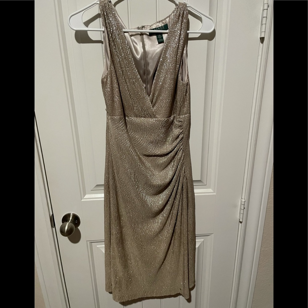 Gold, ruched Ralph Lauren cocktail dress